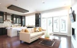Design of suspended ceilings in the living room combined with the kitchen