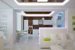 Design of suspended ceilings in the living room combined with the kitchen