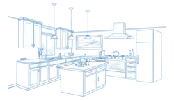 Kitchen interior in pencil
