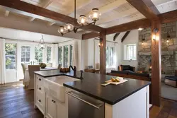 Kitchen living room interior with beams