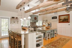 Kitchen living room interior with beams