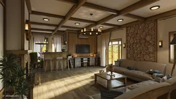 Kitchen living room interior with beams