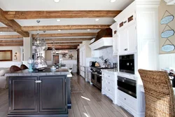 Kitchen living room interior with beams