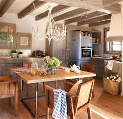 Kitchen living room interior with beams