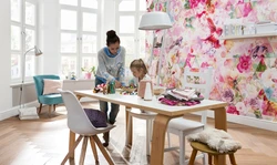 Photo of a kitchen with flower wallpaper