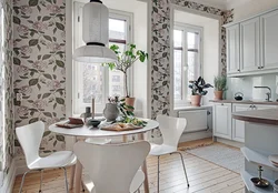 Photo of a kitchen with flower wallpaper