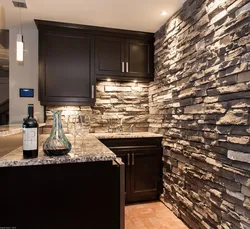 Photo of kitchen with stone panels