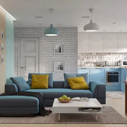 Blue kitchen living room interior