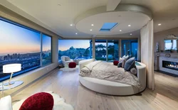 Bedroom design with panoramic windows in an apartment