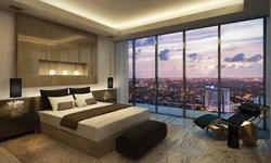 Bedroom design with panoramic windows in an apartment