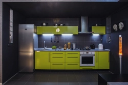 Design of a straight kitchen in a modern style with a refrigerator