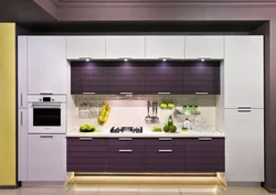 Design of a straight kitchen in a modern style with a refrigerator