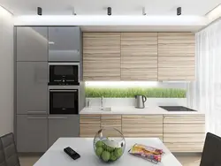 Design of a straight kitchen in a modern style with a refrigerator