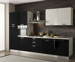 Straight kitchen design with refrigerator on the right