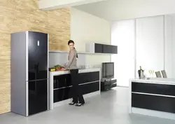 Black refrigerator in the kitchen interior photo how