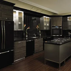 Kitchens with dark refrigerator photo