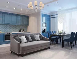 Living Room Kitchen Interior In Blue Tones