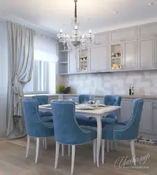 Living room kitchen interior in blue tones