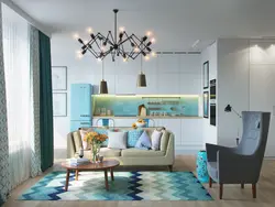 Living Room Kitchen Interior In Blue Tones