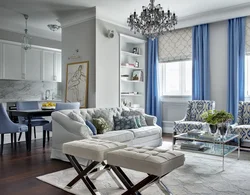 Living room kitchen interior in blue tones