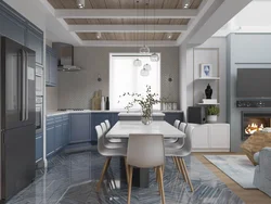Living room kitchen interior in blue tones