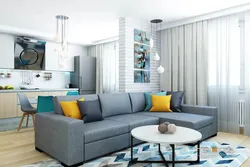 Kitchen design with gray sofa photo