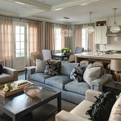 Kitchen design with gray sofa photo