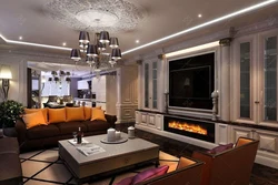 Interiors kitchen living room with fireplace photo in style