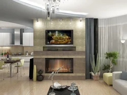 Interiors kitchen living room with fireplace photo in style