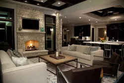Interiors kitchen living room with fireplace photo in style
