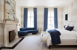 Combination of blue and beige in the bedroom interior