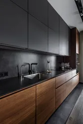 Photo of a gray kitchen combined with wood