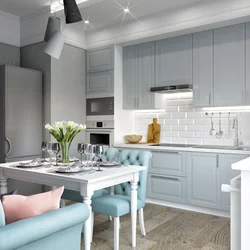 Gray-blue walls in the kitchen interior