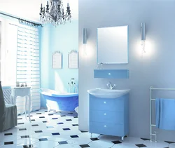 What color goes with blue in the bathroom interior