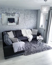 Color of sofa in living room with gray wallpaper photo