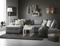 Color Of Sofa In Living Room With Gray Wallpaper Photo