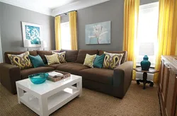 Curtains in the living room with a brown sofa photo