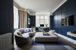 Gray Living Room With Blue Curtains Photo