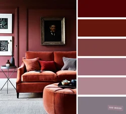 What color goes with burgundy in the living room interior?