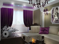 Lilac color curtains in the living room interior