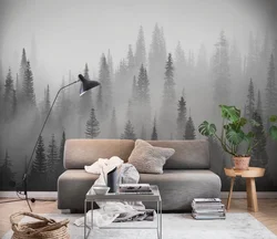 Wallpaper with forest in the bedroom interior