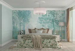 Wallpaper with forest in the bedroom interior