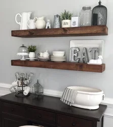 Open shelves for the kitchen on the wall in the interior