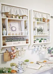 Open shelves for the kitchen on the wall in the interior