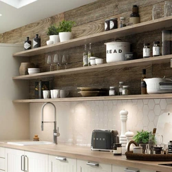 Open shelves for the kitchen on the wall in the interior