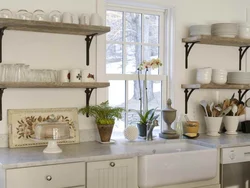 Open shelves for the kitchen on the wall in the interior