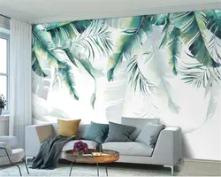 Photo wallpaper leaves in the living room interior