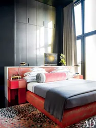 Gray red bedroom photo