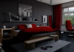 Gray red bedroom photo