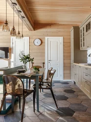 Living room kitchen interior with clapboard